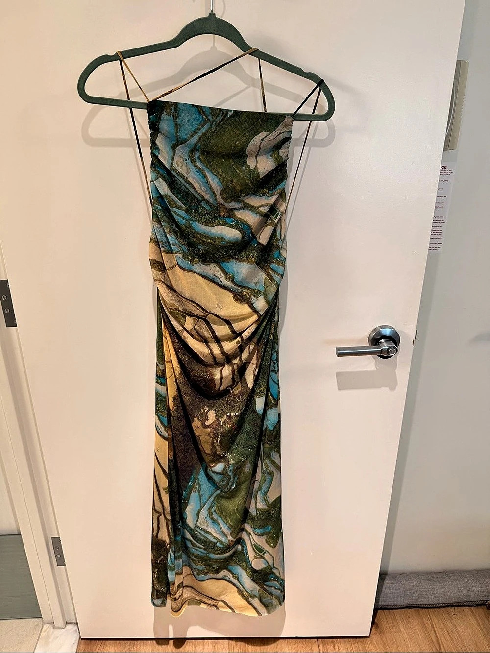Zara Abstract Landscape Print Mesh Maxi Dress Green & Blue Medium